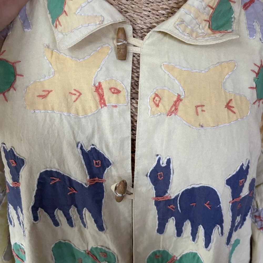 April Cornell for Cornell Trading Animal Appliqué Jacket Coat S/M Cream Art Wear